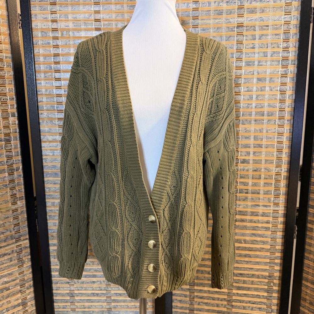 Eddie Bauer Cardigan Women Large Olive Green Cable Knit Cotton V-Neck Sweater